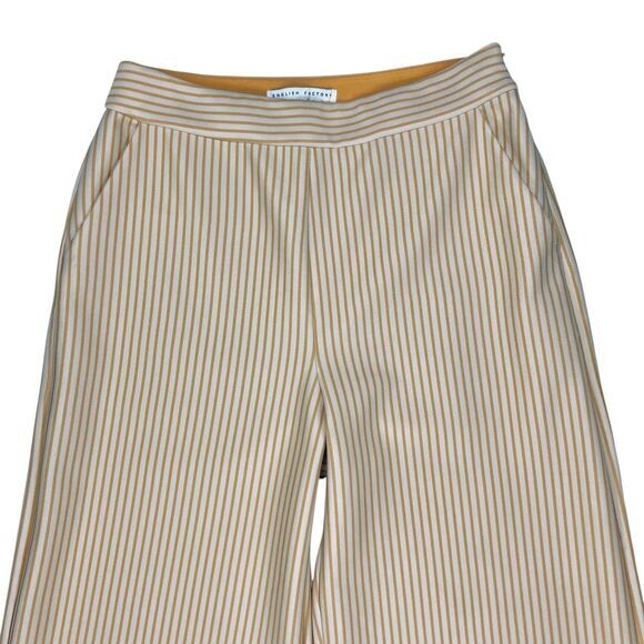 English Factory Capri Pants Sz M Cream Mustard Striped Ruffle Preppy Nautical - Picture 2 of 15